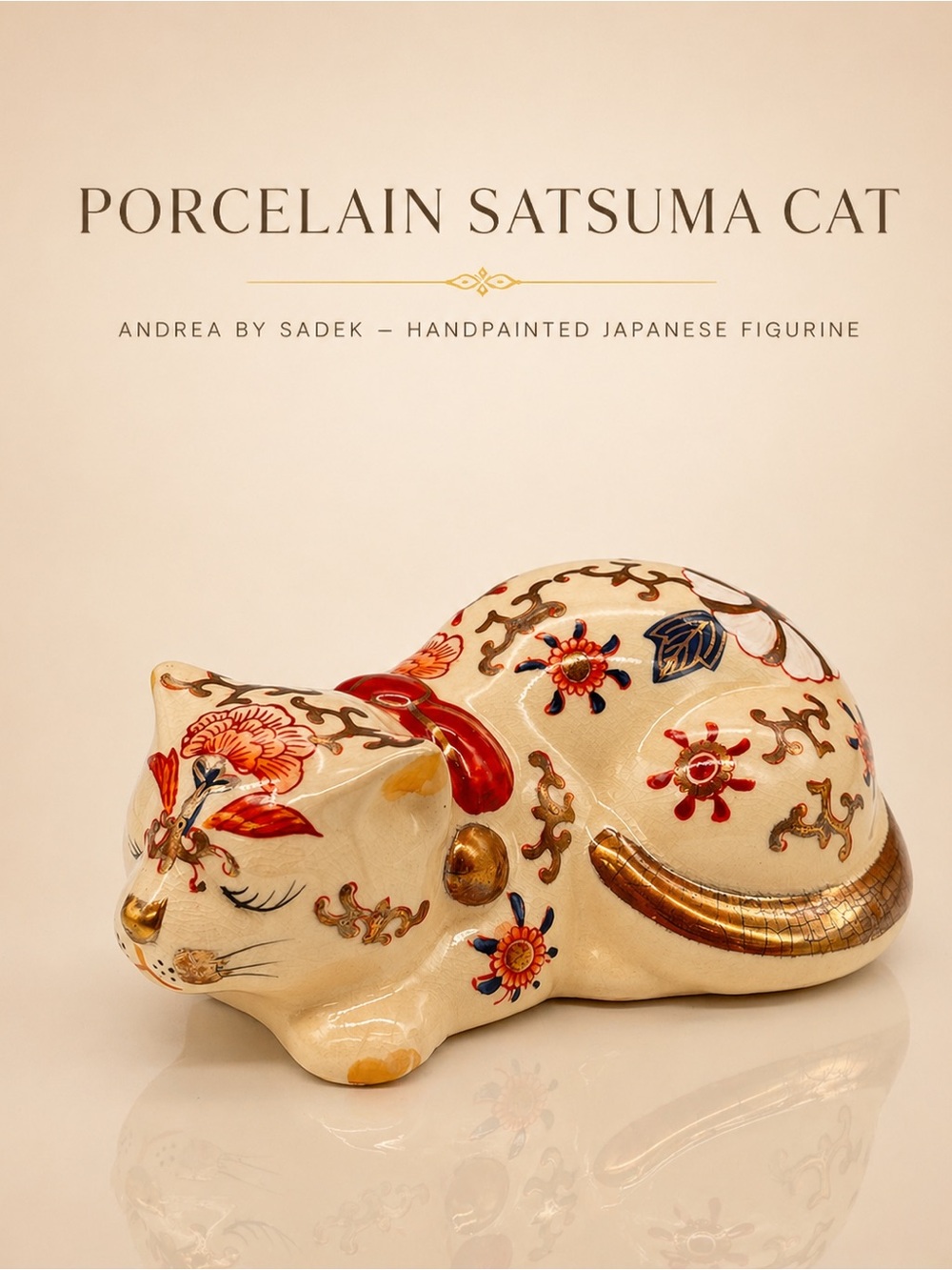 Porcelain Satsuma Cat Figurine Handpainted Imari Style Sleeping Cat